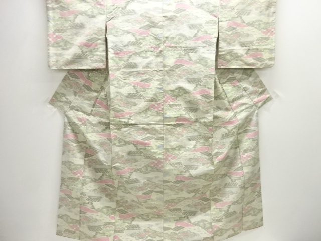 アンティーク　家屋風景模様織り出し十日町紬着物